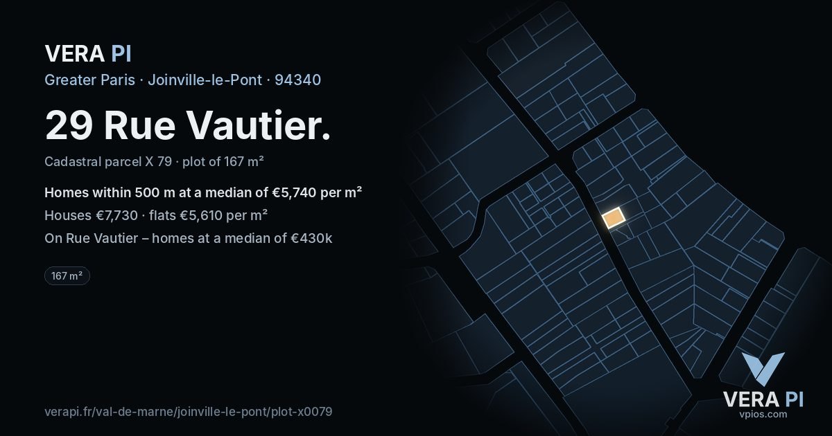 29 Rue Vautier, Joinville-le-Pont at night – the plot lit, the parcels around coloured by the prices near them