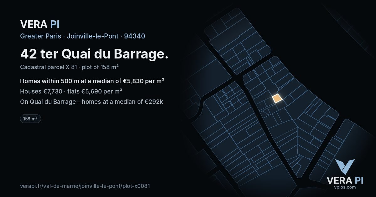 42 ter Quai du Barrage, Joinville-le-Pont at night – the plot lit, the parcels around coloured by the prices near them