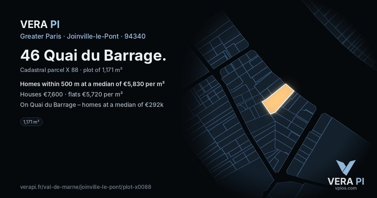 46 Quai du Barrage, Joinville-le-Pont at night – the plot lit, the parcels around coloured by the prices near them