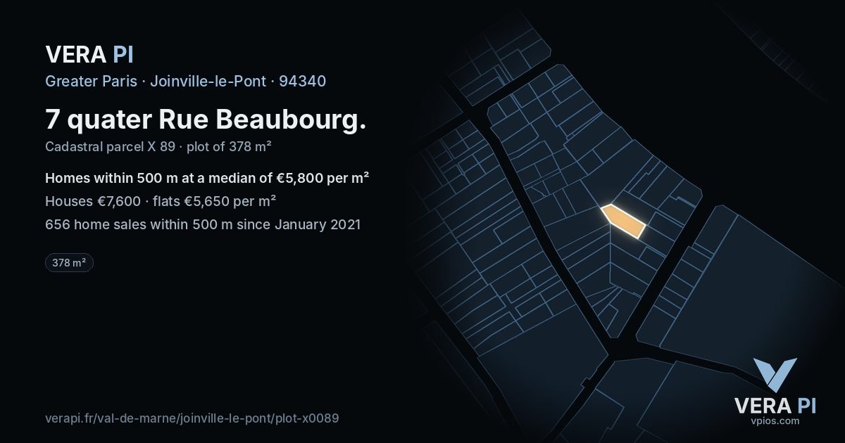7 quater Rue Beaubourg, Joinville-le-Pont at night – the plot lit, the parcels around coloured by the prices near them