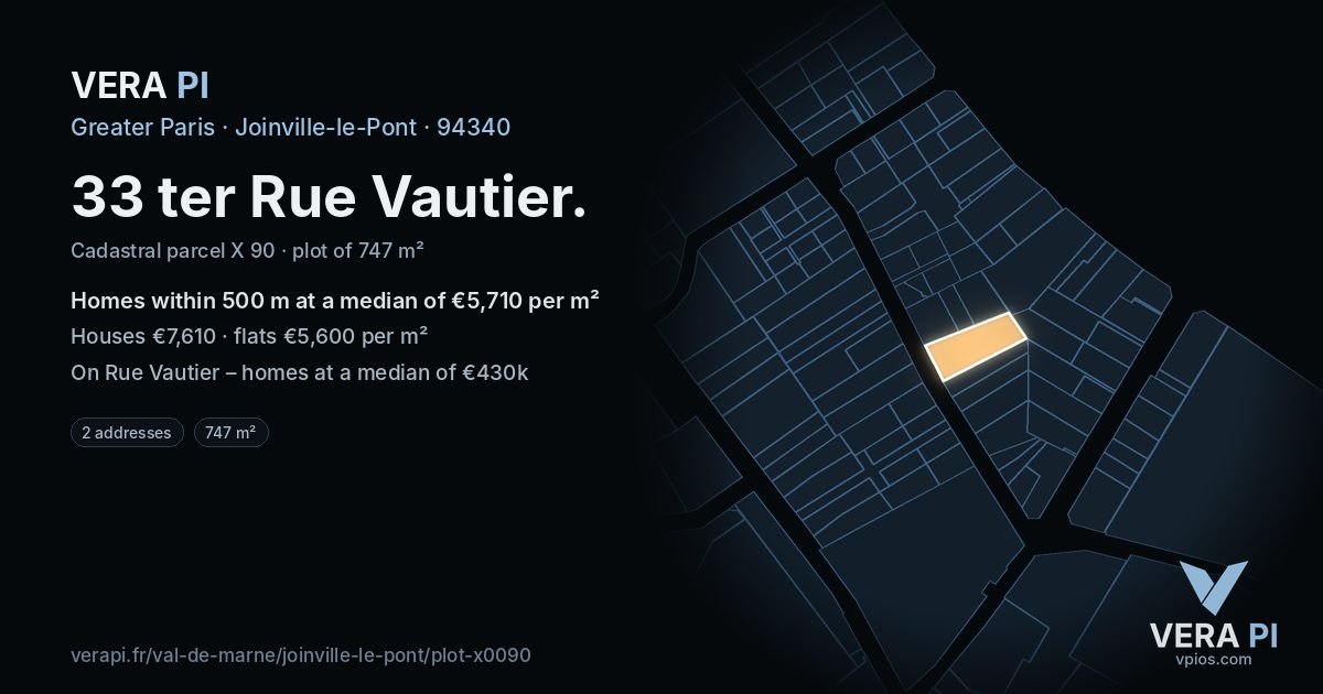 33 ter Rue Vautier, Joinville-le-Pont at night – the plot lit, the parcels around coloured by the prices near them