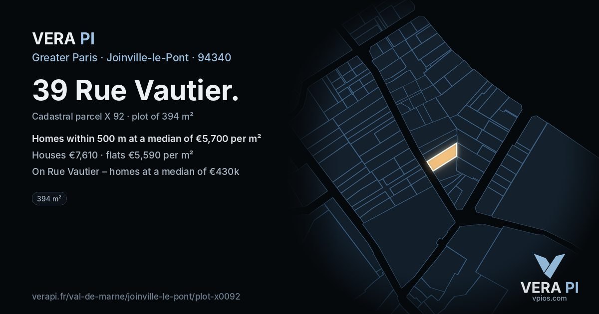 39 Rue Vautier, Joinville-le-Pont at night – the plot lit, the parcels around coloured by the prices near them