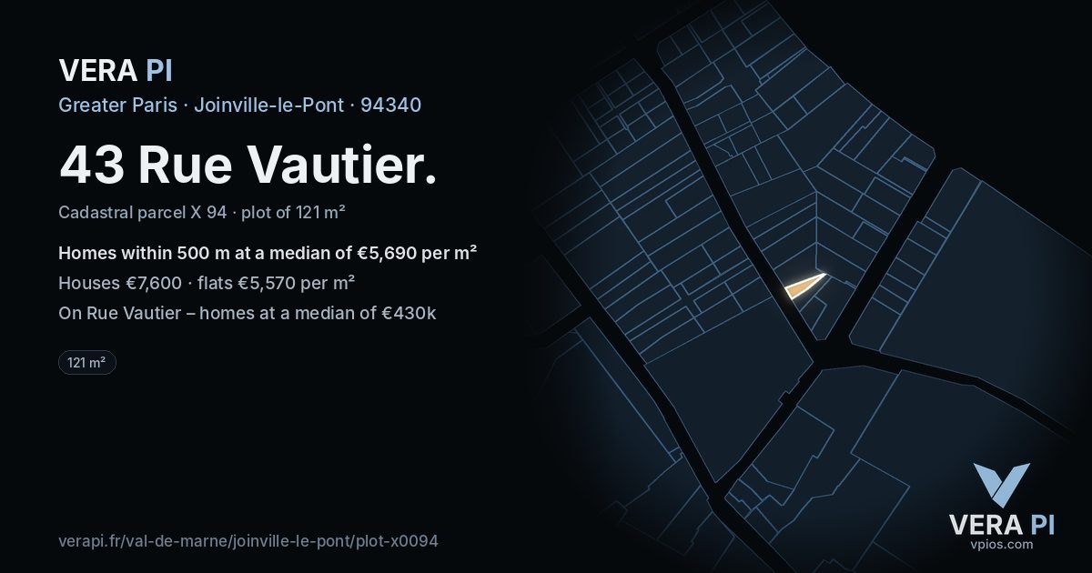 43 Rue Vautier, Joinville-le-Pont at night – the plot lit, the parcels around coloured by the prices near them