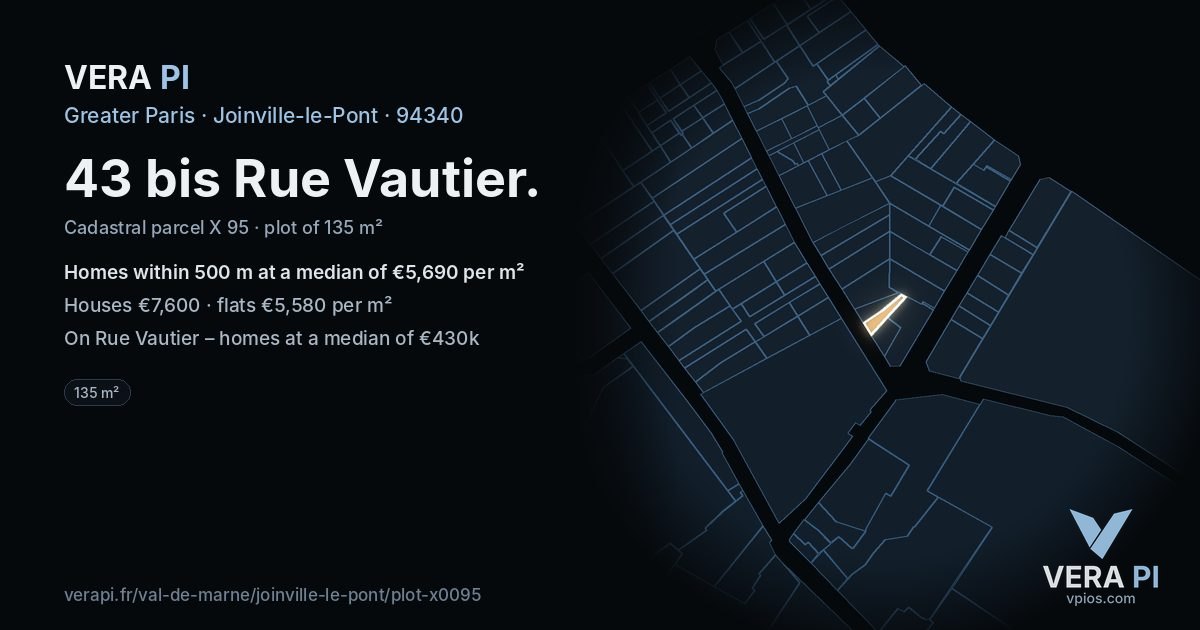 43 bis Rue Vautier, Joinville-le-Pont at night – the plot lit, the parcels around coloured by the prices near them