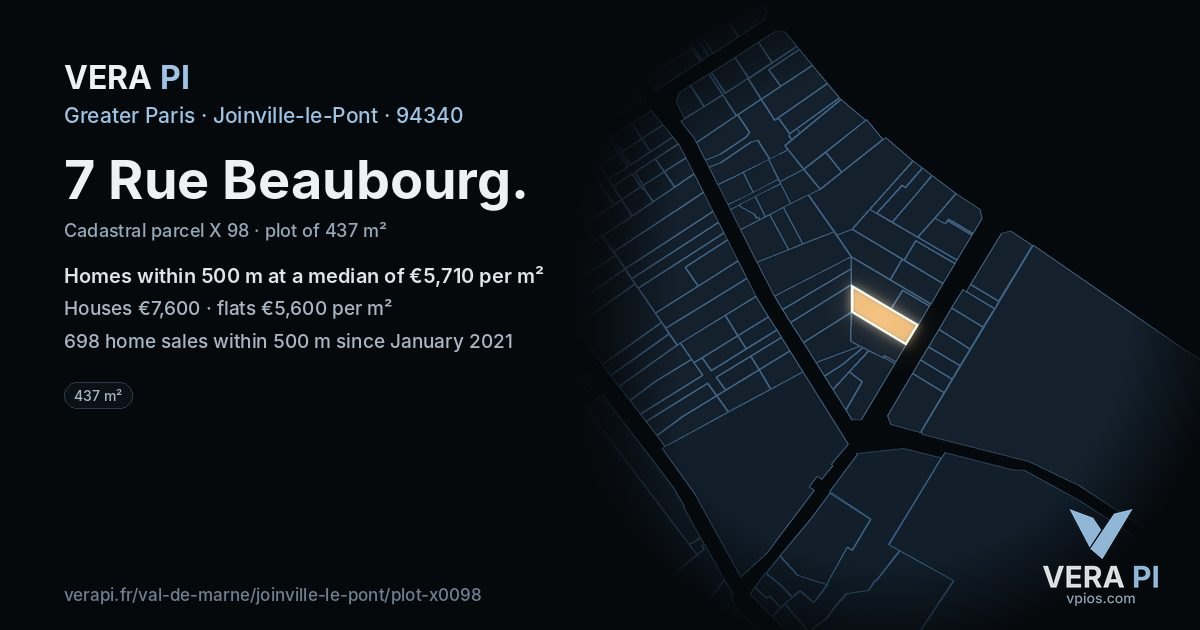 7 Rue Beaubourg, Joinville-le-Pont at night – the plot lit, the parcels around coloured by the prices near them