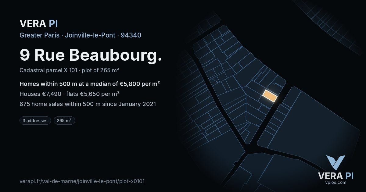 9 Rue Beaubourg, Joinville-le-Pont at night – the plot lit, the parcels around coloured by the prices near them