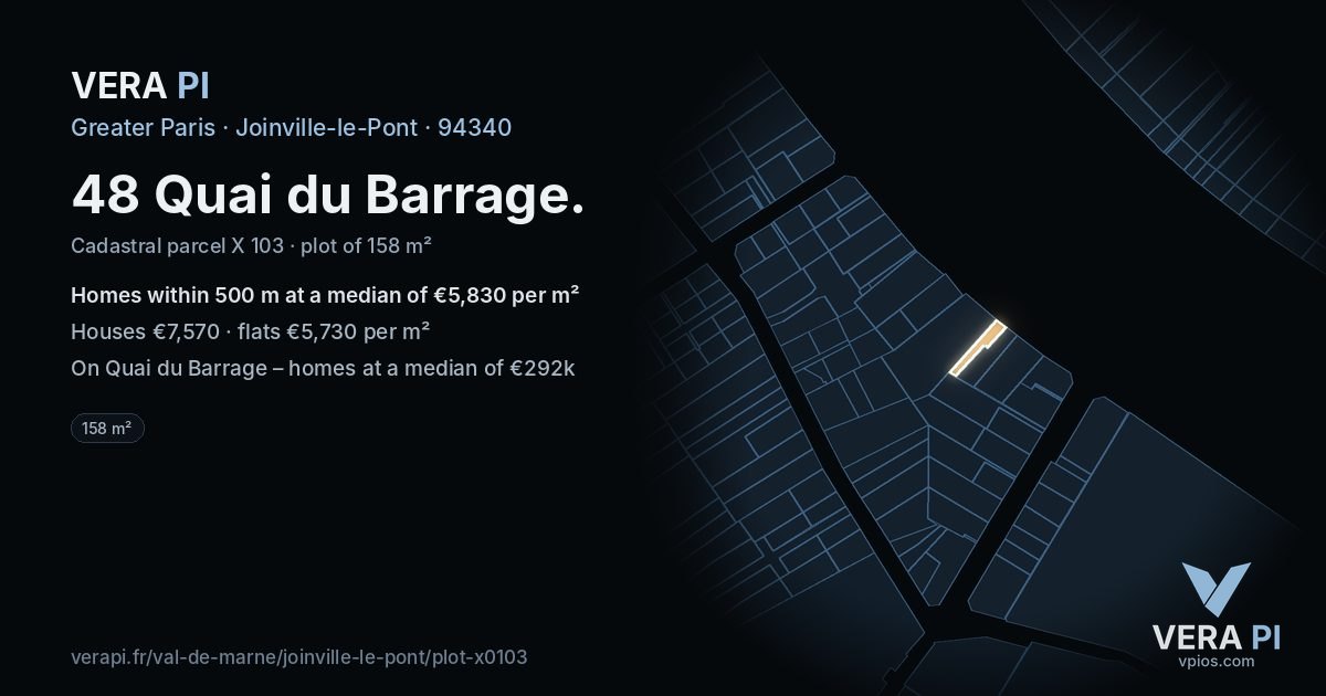 48 Quai du Barrage, Joinville-le-Pont at night – the plot lit, the parcels around coloured by the prices near them