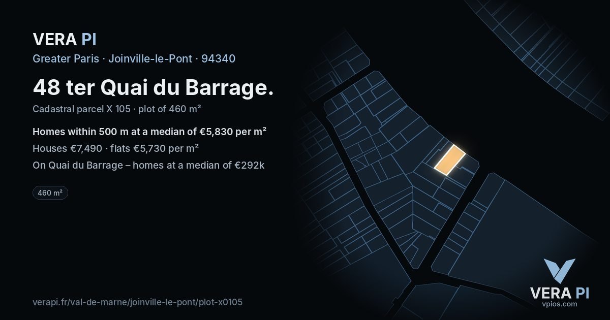 48 ter Quai du Barrage, Joinville-le-Pont at night – the plot lit, the parcels around coloured by the prices near them