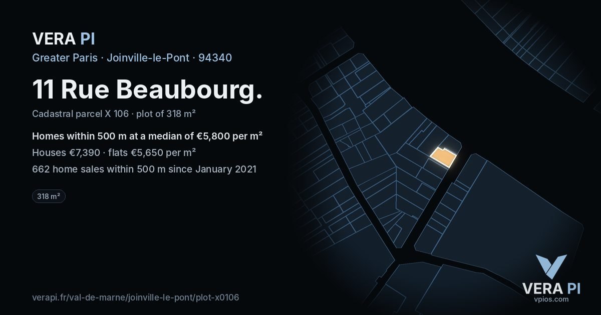 11 Rue Beaubourg, Joinville-le-Pont at night – the plot lit, the parcels around coloured by the prices near them