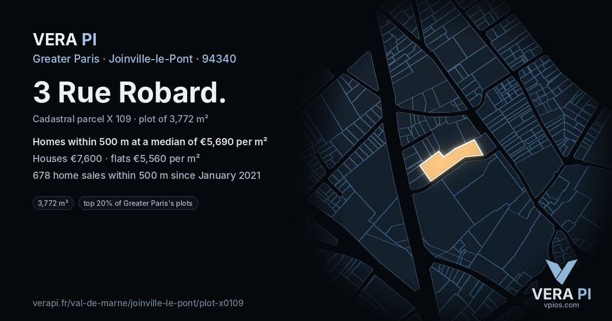 3 Rue Robard, Joinville-le-Pont at night – the plot lit, the parcels around coloured by the prices near them