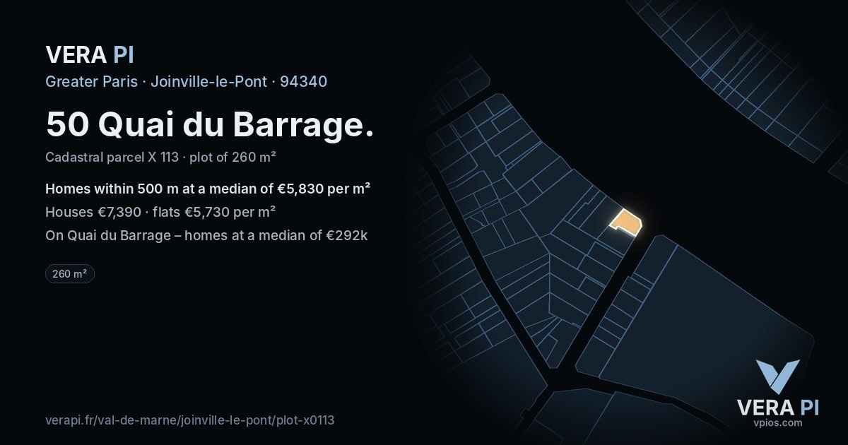50 Quai du Barrage, Joinville-le-Pont at night – the plot lit, the parcels around coloured by the prices near them