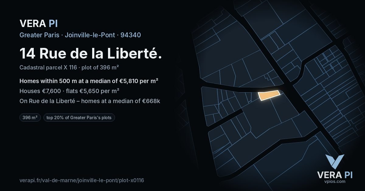 14 Rue de la Liberté, Joinville-le-Pont at night – the plot lit, the parcels around coloured by the prices near them