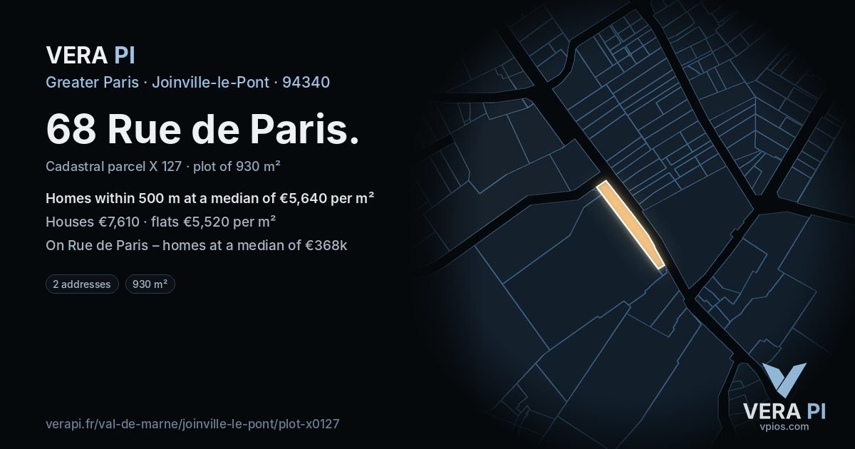 68 Rue de Paris, Joinville-le-Pont at night – the plot lit, the parcels around coloured by the prices near them