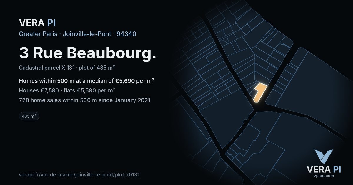3 Rue Beaubourg, Joinville-le-Pont at night – the plot lit, the parcels around coloured by the prices near them