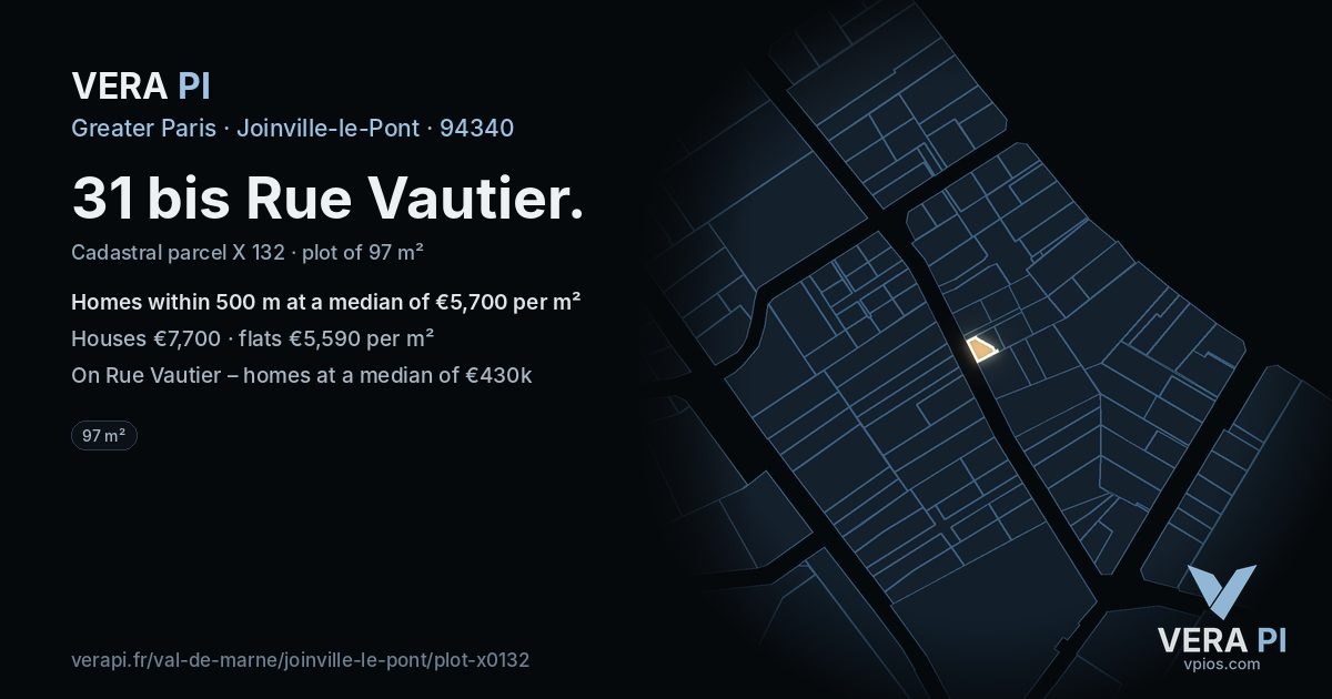 31 bis Rue Vautier, Joinville-le-Pont at night – the plot lit, the parcels around coloured by the prices near them