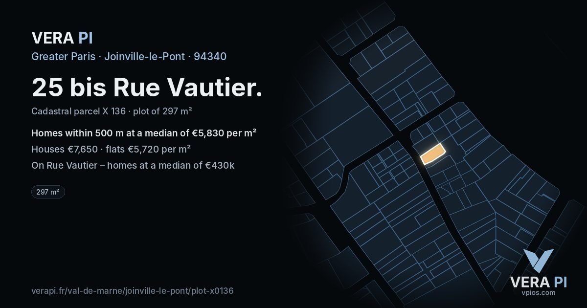 25 bis Rue Vautier, Joinville-le-Pont at night – the plot lit, the parcels around coloured by the prices near them