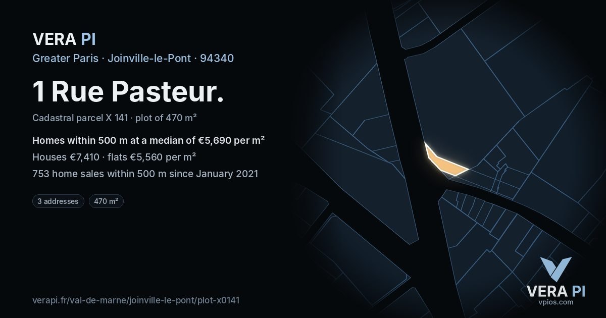 1 Rue Pasteur, Joinville-le-Pont at night – the plot lit, the parcels around coloured by the prices near them