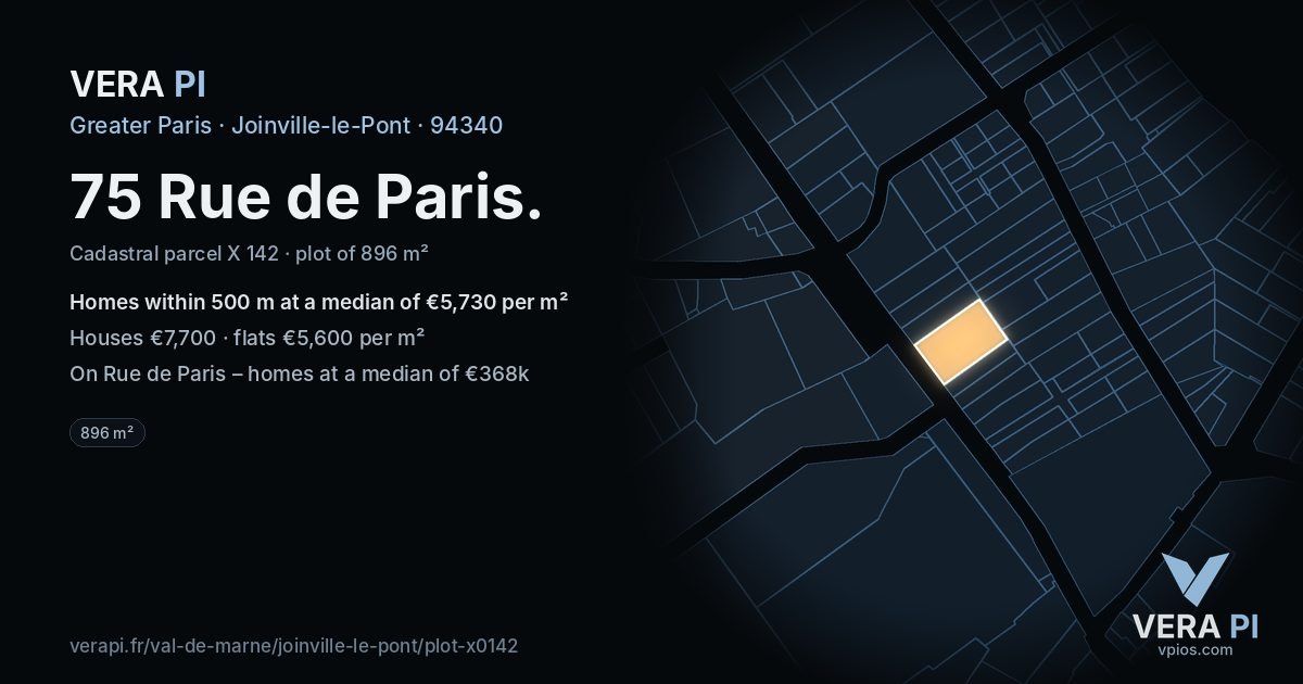 75 Rue de Paris, Joinville-le-Pont at night – the plot lit, the parcels around coloured by the prices near them