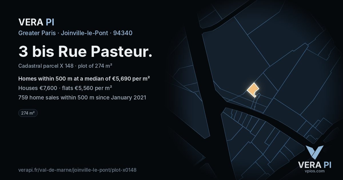 3 bis Rue Pasteur, Joinville-le-Pont at night – the plot lit, the parcels around coloured by the prices near them