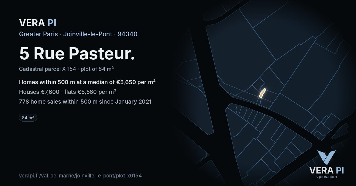 5 Rue Pasteur, Joinville-le-Pont at night – the plot lit, the parcels around coloured by the prices near them