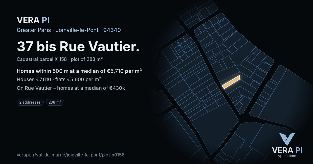 37 bis Rue Vautier, Joinville-le-Pont at night – the plot lit, the parcels around coloured by the prices near them