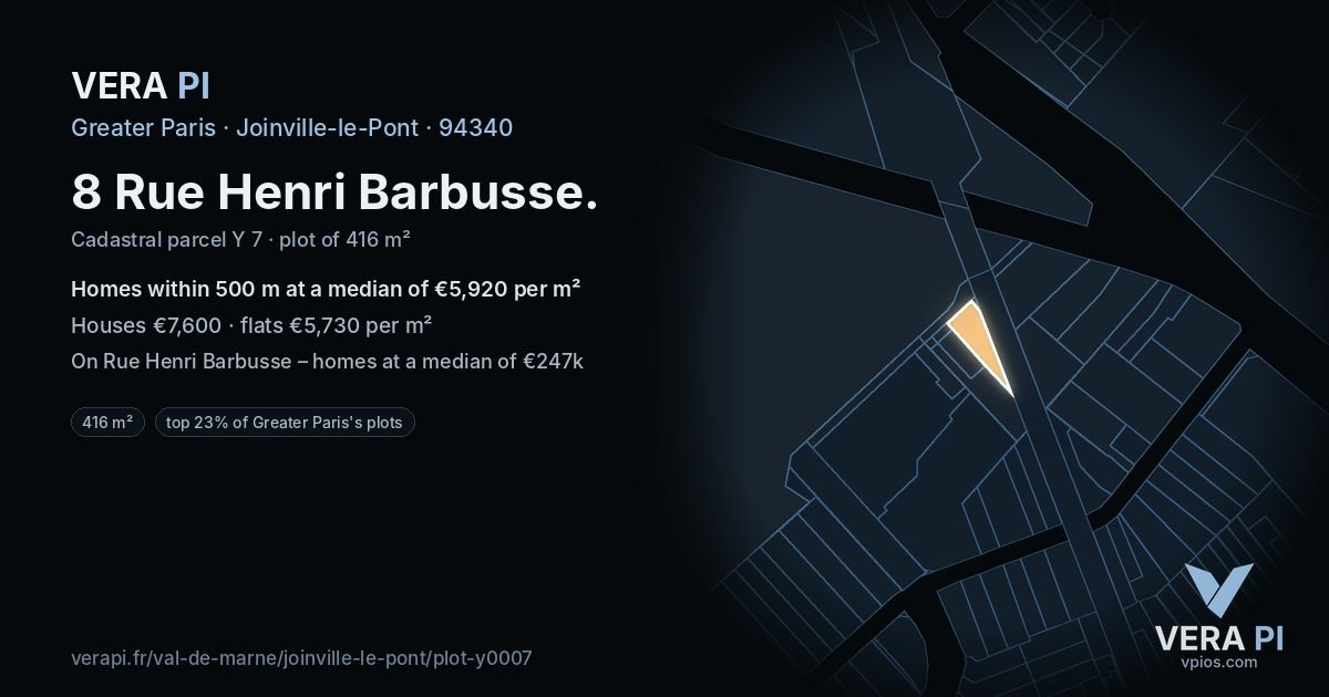 8 Rue Henri Barbusse, Joinville-le-Pont at night – the plot lit, the parcels around coloured by the prices near them
