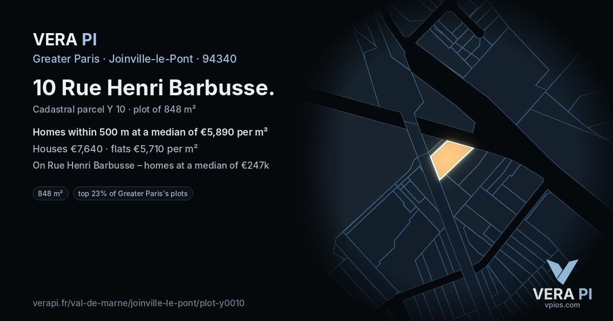 10 Rue Henri Barbusse, Joinville-le-Pont at night – the plot lit, the parcels around coloured by the prices near them