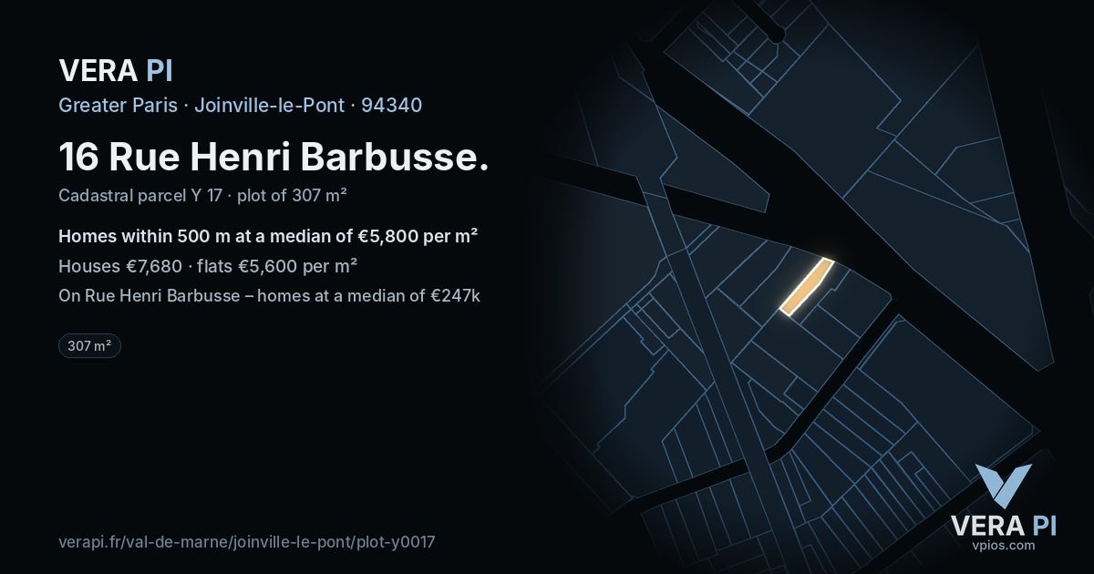 16 Rue Henri Barbusse, Joinville-le-Pont at night – the plot lit, the parcels around coloured by the prices near them