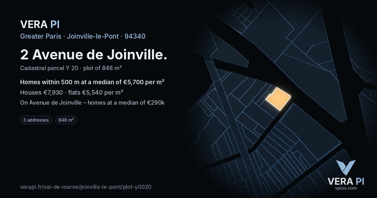 2 Avenue de Joinville, Joinville-le-Pont at night – the plot lit, the parcels around coloured by the prices near them