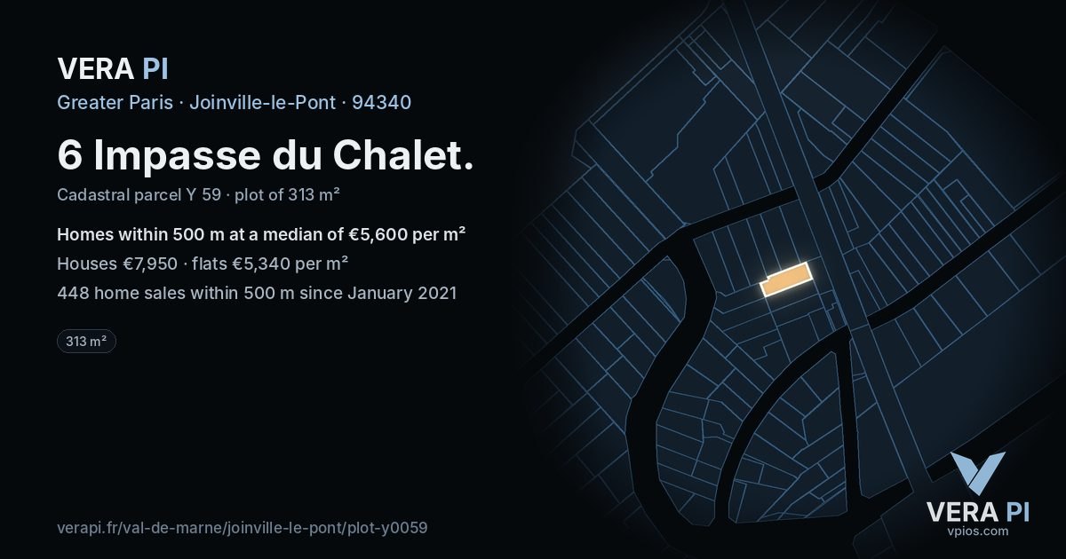 6 Impasse du Chalet, Joinville-le-Pont at night – the plot lit, the parcels around coloured by the prices near them