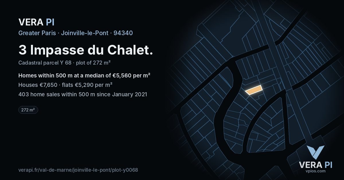 3 Impasse du Chalet, Joinville-le-Pont at night – the plot lit, the parcels around coloured by the prices near them
