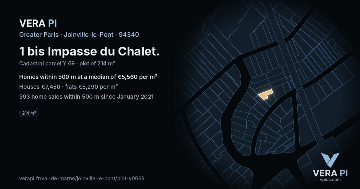 1 bis Impasse du Chalet, Joinville-le-Pont at night – the plot lit, the parcels around coloured by the prices near them