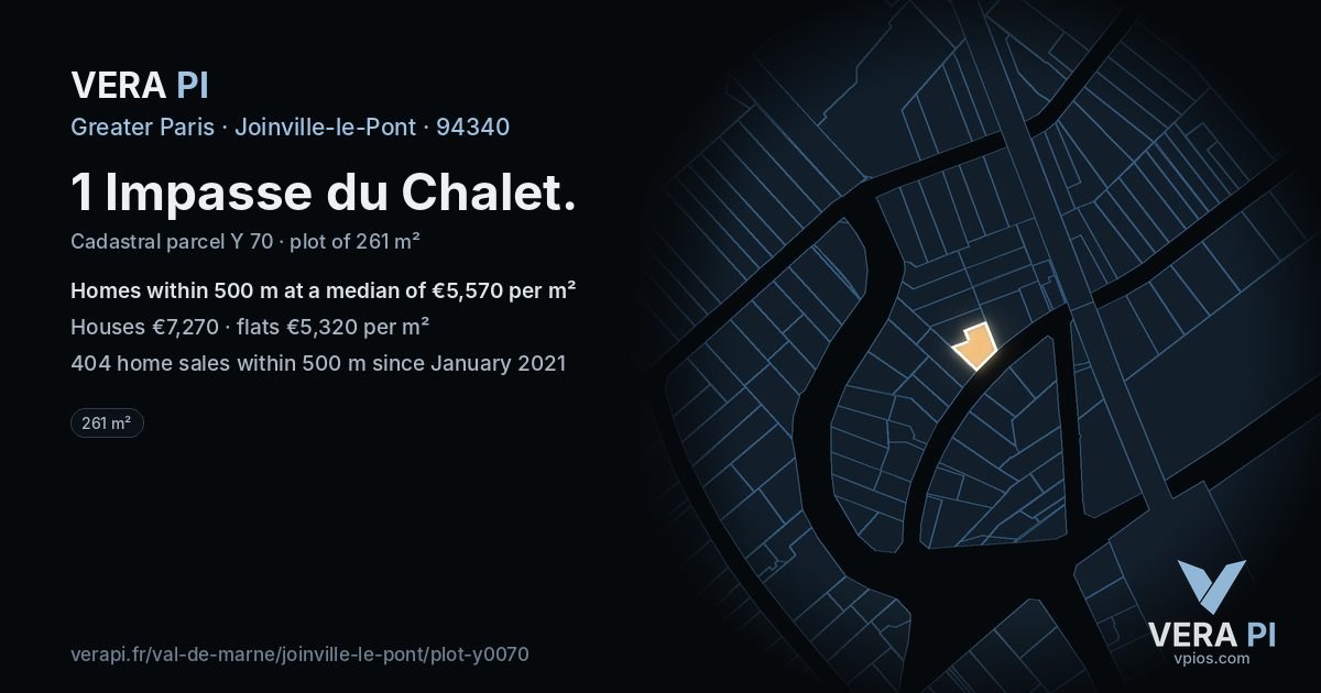 1 Impasse du Chalet, Joinville-le-Pont at night – the plot lit, the parcels around coloured by the prices near them