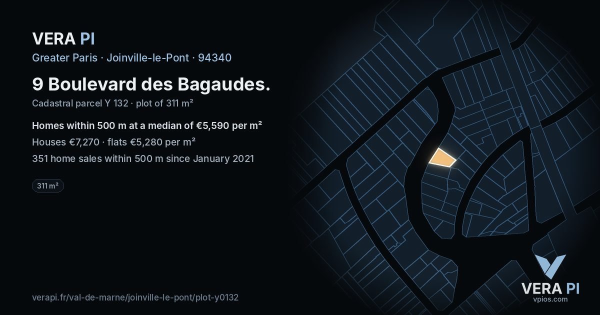 9 Boulevard des Bagaudes, Joinville-le-Pont at night – the plot lit, the parcels around coloured by the prices near them