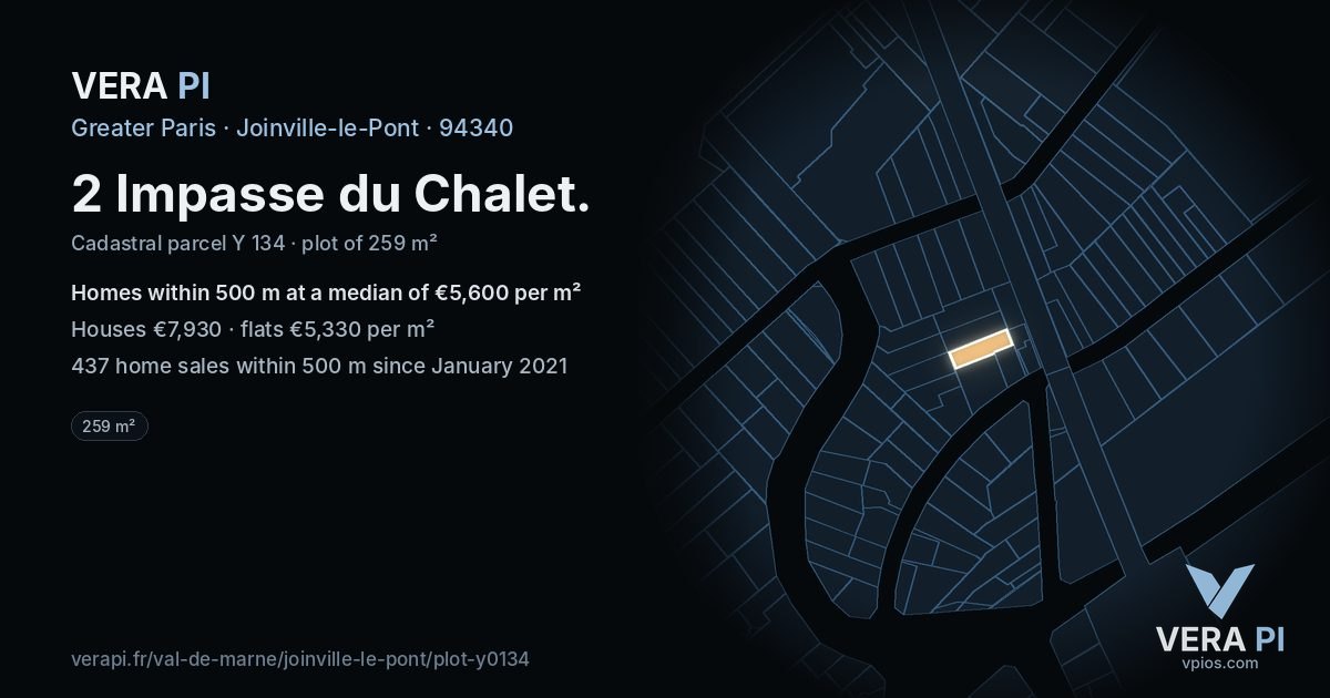 2 Impasse du Chalet, Joinville-le-Pont at night – the plot lit, the parcels around coloured by the prices near them
