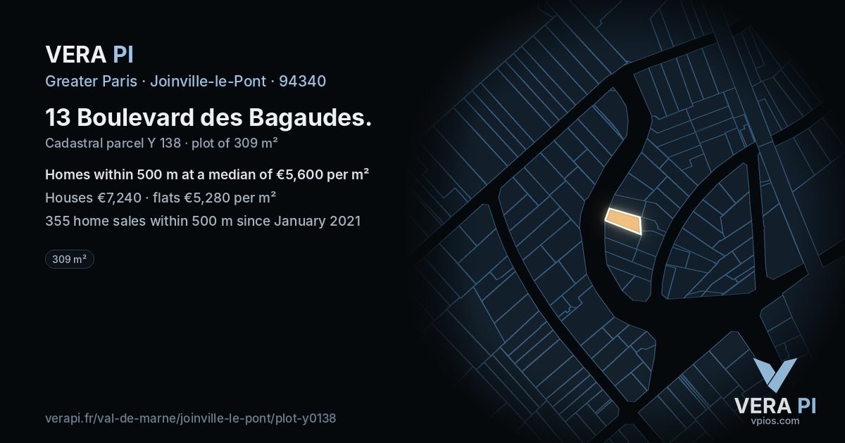 13 Boulevard des Bagaudes, Joinville-le-Pont at night – the plot lit, the parcels around coloured by the prices near them