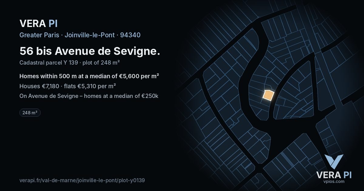 56 bis Avenue de Sevigne, Joinville-le-Pont at night – the plot lit, the parcels around coloured by the prices near them
