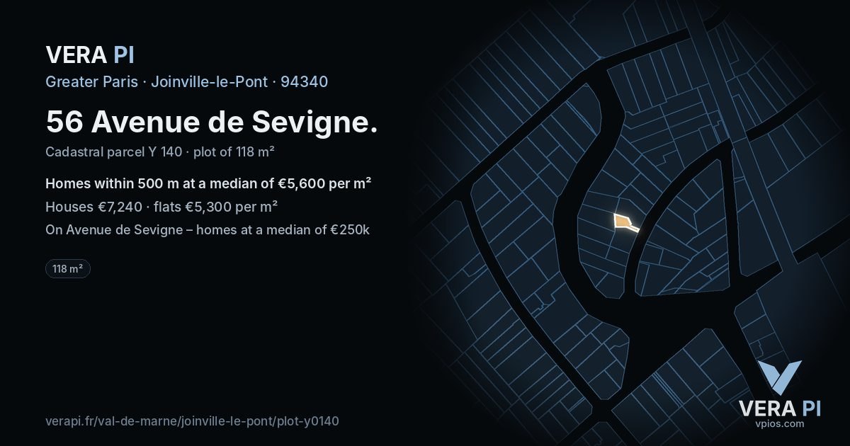 56 Avenue de Sevigne, Joinville-le-Pont at night – the plot lit, the parcels around coloured by the prices near them