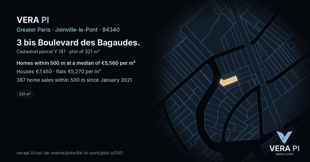 3 bis Boulevard des Bagaudes, Joinville-le-Pont at night – the plot lit, the parcels around coloured by the prices near them