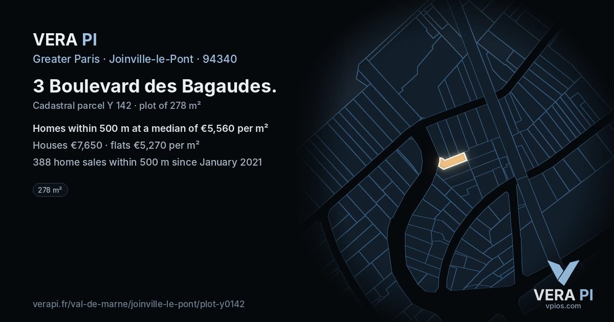 3 Boulevard des Bagaudes, Joinville-le-Pont at night – the plot lit, the parcels around coloured by the prices near them