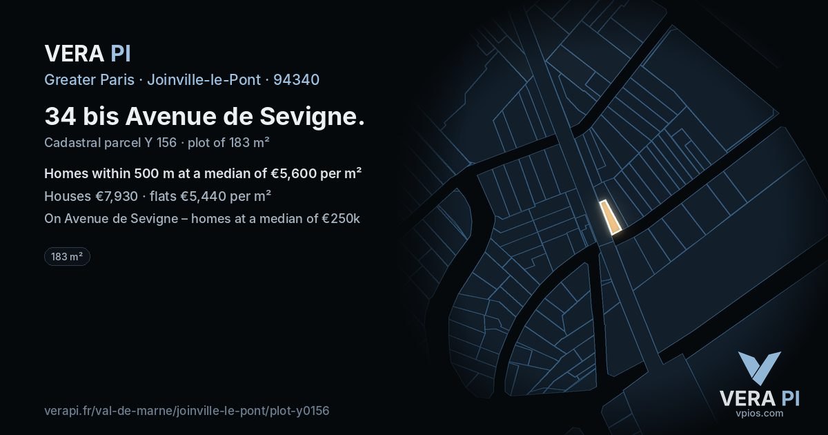 34 bis Avenue de Sevigne, Joinville-le-Pont at night – the plot lit, the parcels around coloured by the prices near them
