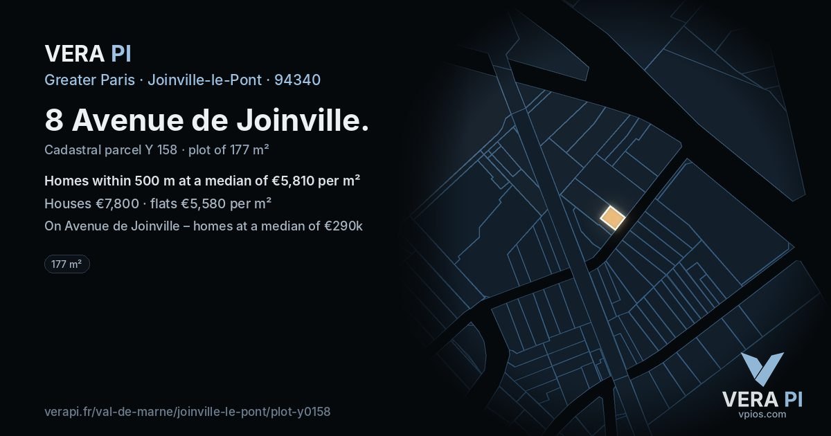 8 Avenue de Joinville, Joinville-le-Pont at night – the plot lit, the parcels around coloured by the prices near them