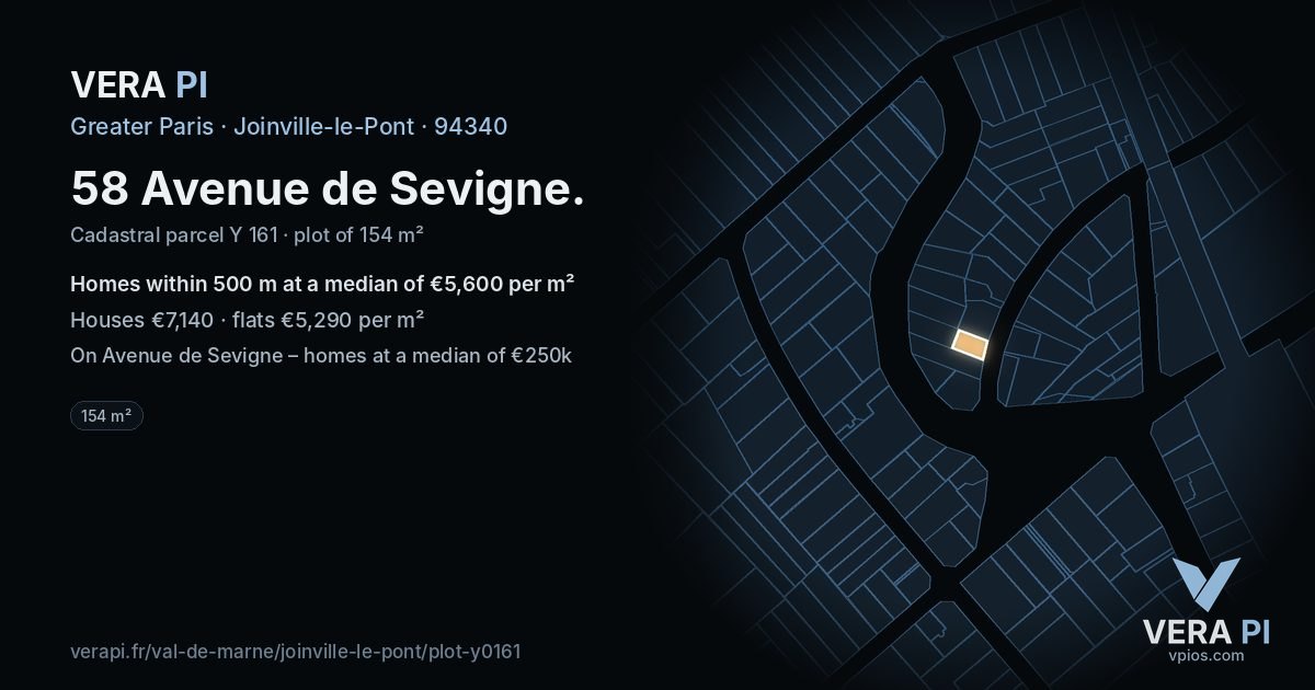 58 Avenue de Sevigne, Joinville-le-Pont at night – the plot lit, the parcels around coloured by the prices near them