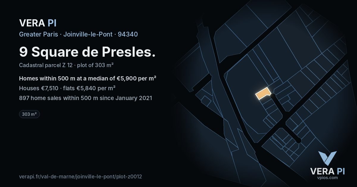 9 Square de Presles, Joinville-le-Pont at night – the plot lit, the parcels around coloured by the prices near them