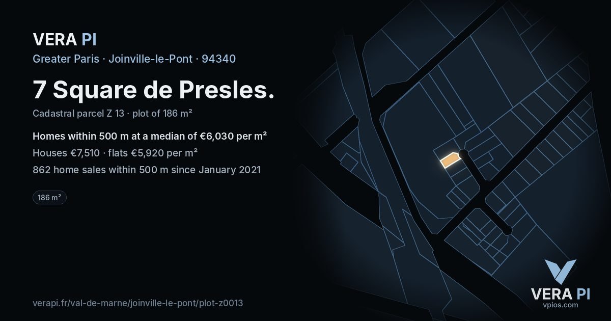 7 Square de Presles, Joinville-le-Pont at night – the plot lit, the parcels around coloured by the prices near them
