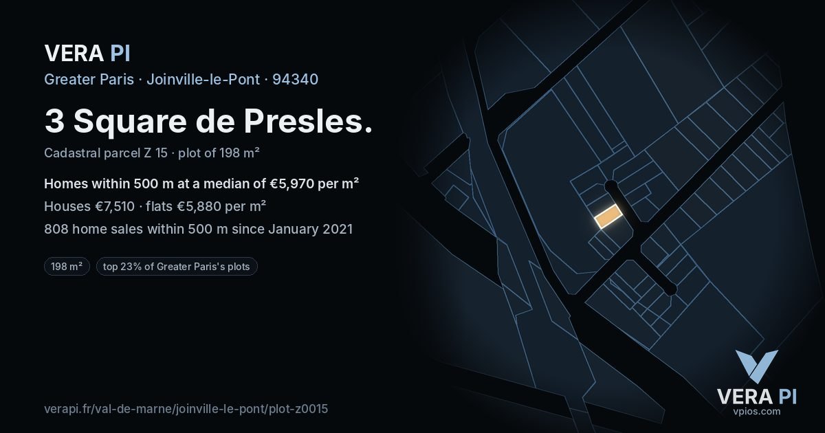 3 Square de Presles, Joinville-le-Pont at night – the plot lit, the parcels around coloured by the prices near them