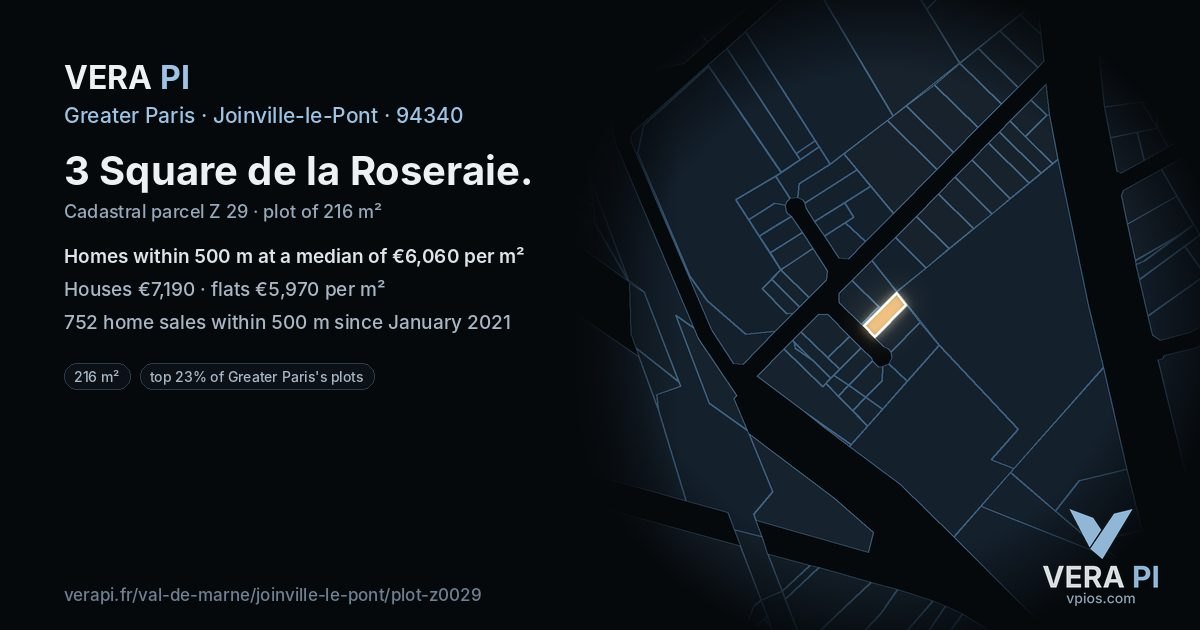 3 Square de la Roseraie, Joinville-le-Pont at night – the plot lit, the parcels around coloured by the prices near them