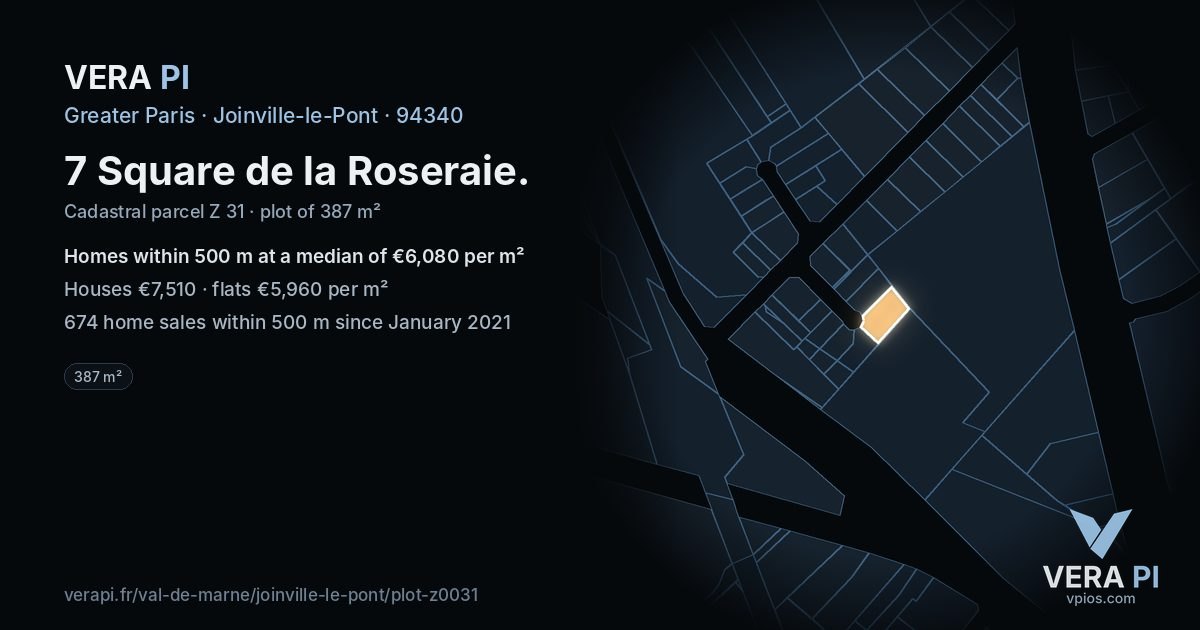 7 Square de la Roseraie, Joinville-le-Pont at night – the plot lit, the parcels around coloured by the prices near them