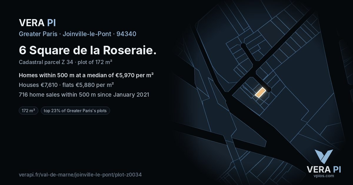 6 Square de la Roseraie, Joinville-le-Pont at night – the plot lit, the parcels around coloured by the prices near them