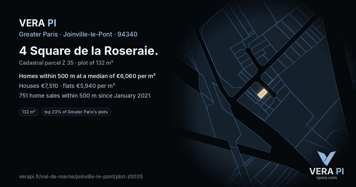 4 Square de la Roseraie, Joinville-le-Pont at night – the plot lit, the parcels around coloured by the prices near them